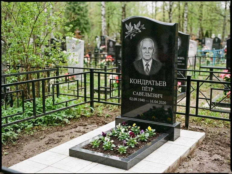 Памятник с гравировкой голубей — гравировка пары голубей на ветке в верхнем углу стелы, работа «Кондратьев» в Тольятти