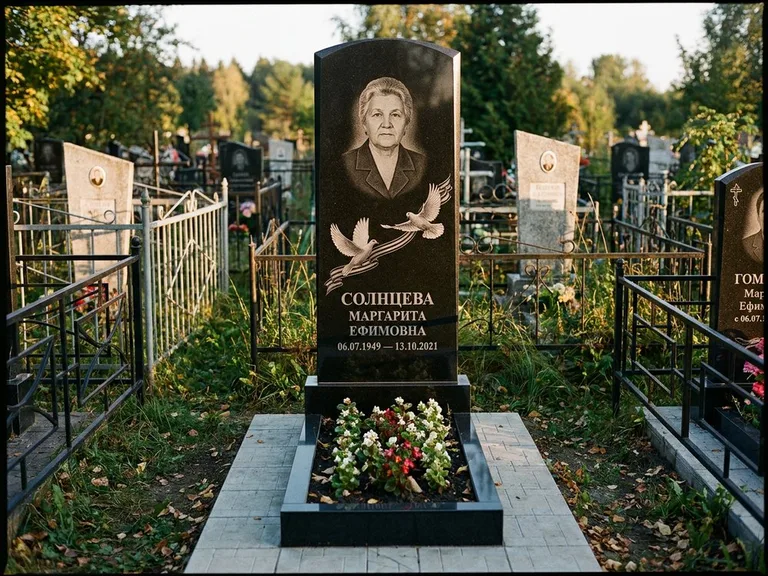 Памятник с гравировкой голубей — гравировка двух летящих голубей с лентой по диагонали стелы, работа «Солнцева» в Тольятти