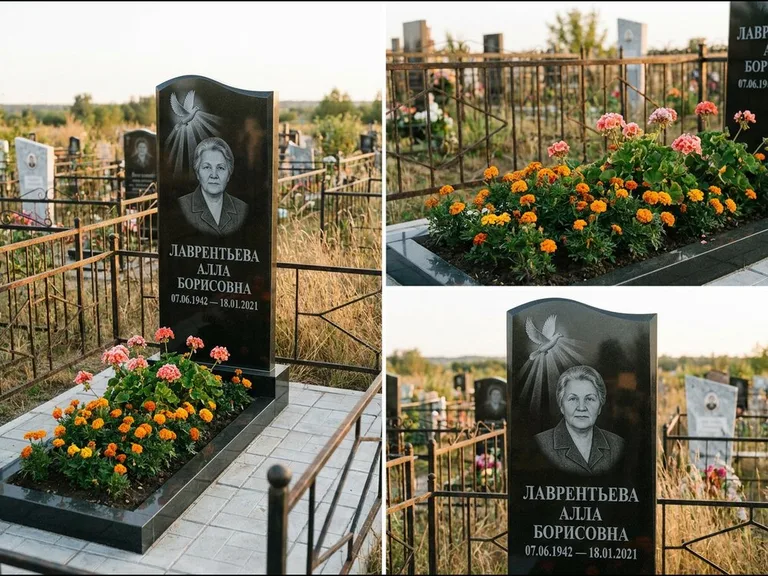 Памятник с гравировкой голубей — гравировка голубя в лучах света над портретом, работа «Лаврентьева» в Тольятти