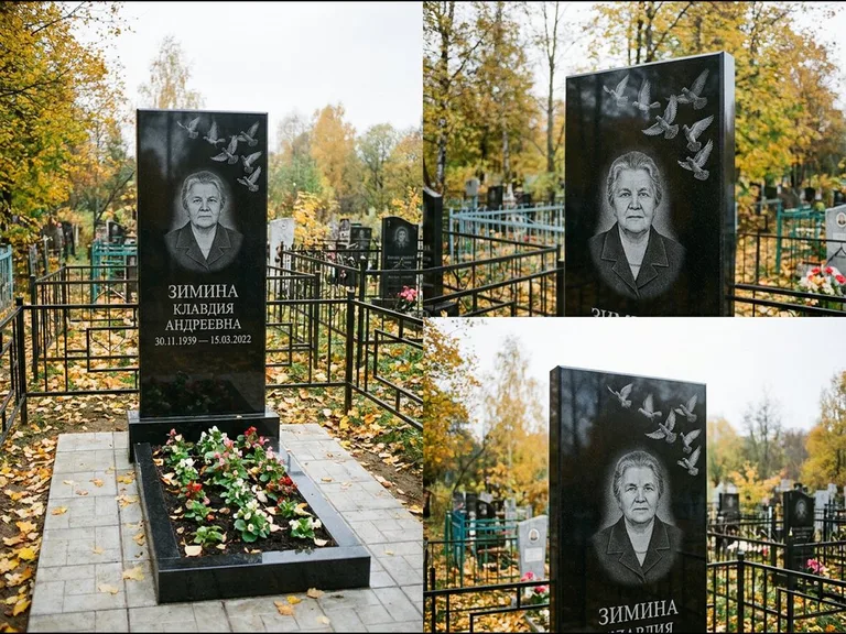 Памятник с гравировкой голубей — гравировка стаи голубей, взлетающей от угла стелы, работа «Зимина» в Тольятти