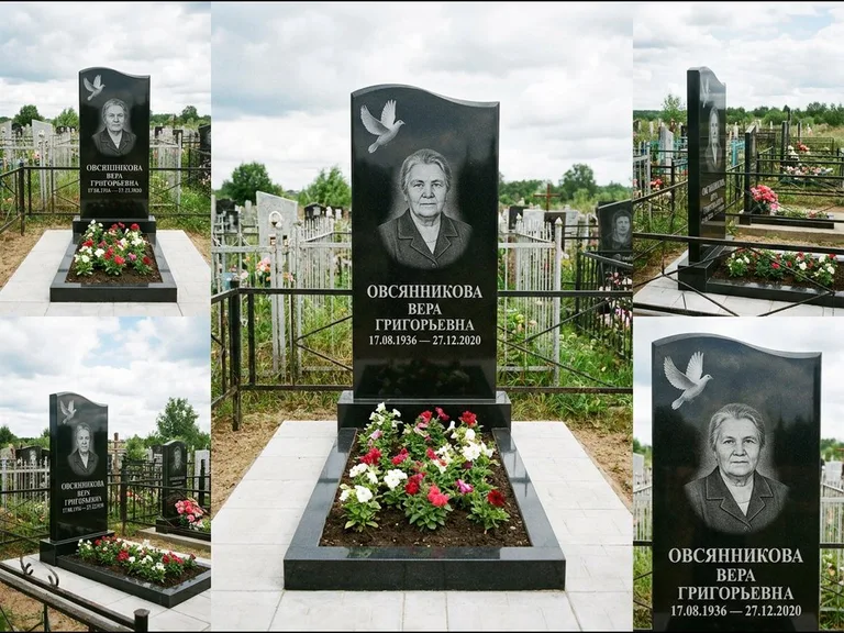 Памятник с гравировкой голубей — белая гравировка взлетающего голубя над портретом, работа «Овсянникова» в Тольятти