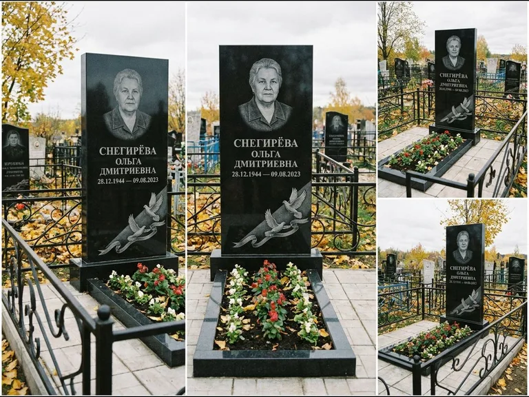 Памятник с гравировкой голубей — гравировка двух летящих голубей с лентой по диагонали стелы, работа «Снегирёва» в Тольятти