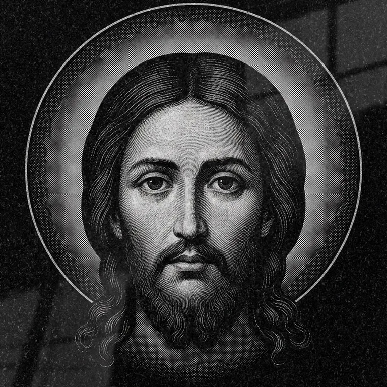 Эскиз иконы: Спас Нерукотворный (полутон) — детальный лик на убрусе, гравировка на памятник в Тольятти