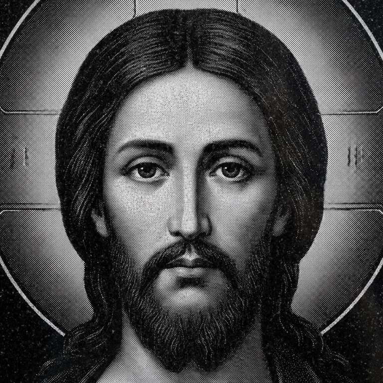 Эскиз иконы: Спас Вседержитель (полутон) — объёмный лик, светотень, гравировка на памятник в Тольятти