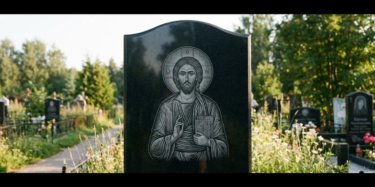 Иконы для гравировки на памятник в Тольятти — образ на стеле из чёрного гранита с ручной доводкой лика