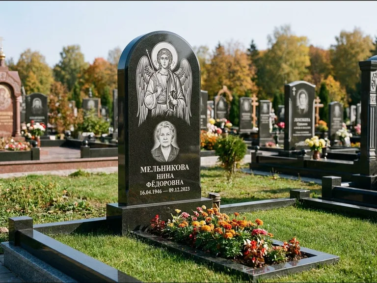 Памятник с гравировкой иконы — икона над портретом усопшего, работа «Журавлёв» в Тольятти