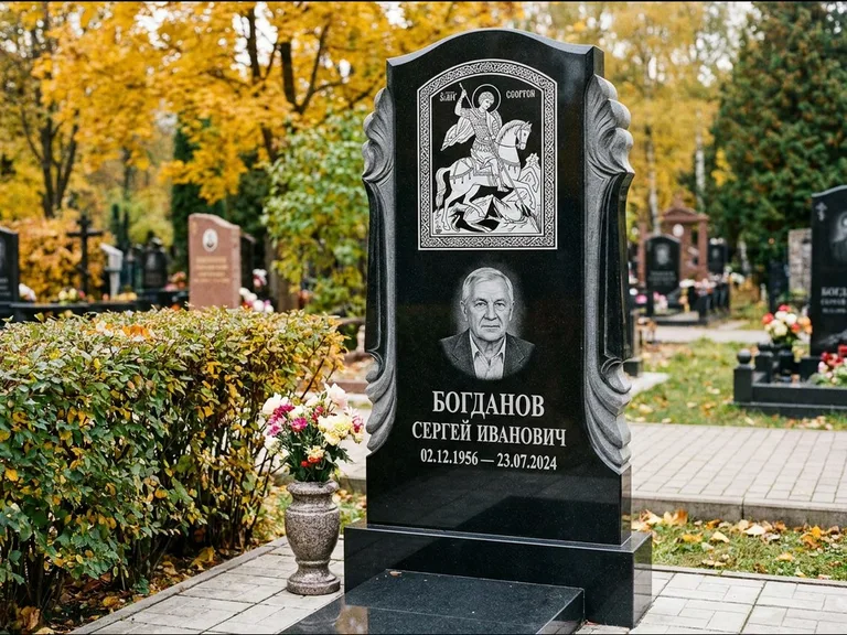 Памятник с гравировкой иконы — икона Спаса Вседержителя над именем усопшего, работа «Лебедева» в Тольятти