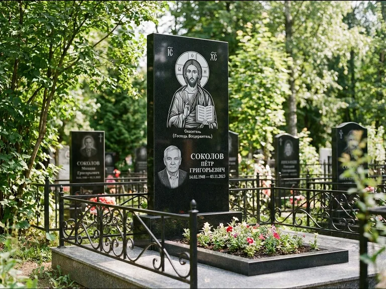Памятник с гравировкой иконы — икона Спаса Вседержителя над именем усопшего, работа «Воронцова» в Тольятти