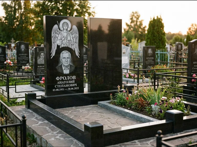 Памятник с гравировкой иконы: стела с резной рамкой вокруг иконы — Архангел Михаил на стеле, белая мраморная крошка с бордюром, работа «Богданова» в Тольятти