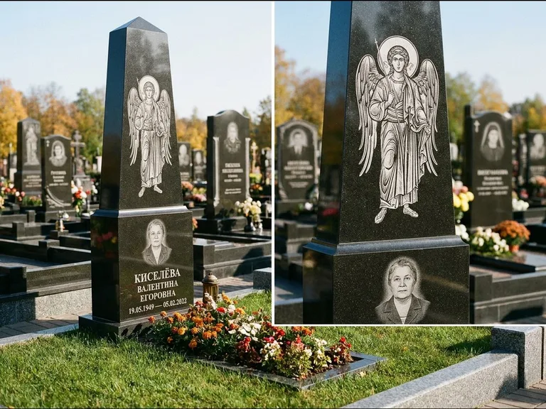 Памятник с гравировкой иконы: асимметричная скошенная стела — гравировка образа Спасителя, живая изгородь из кустарника, работа «Третьяков» в Тольятти