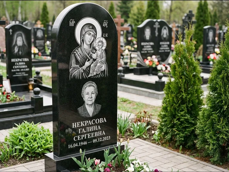 Памятник с гравировкой иконы: фигурная стела с киот-нишей под икону — икона в резной рамке-киоте, светлая гравийная отсыпка, работа «Журавлёв» в Тольятти
