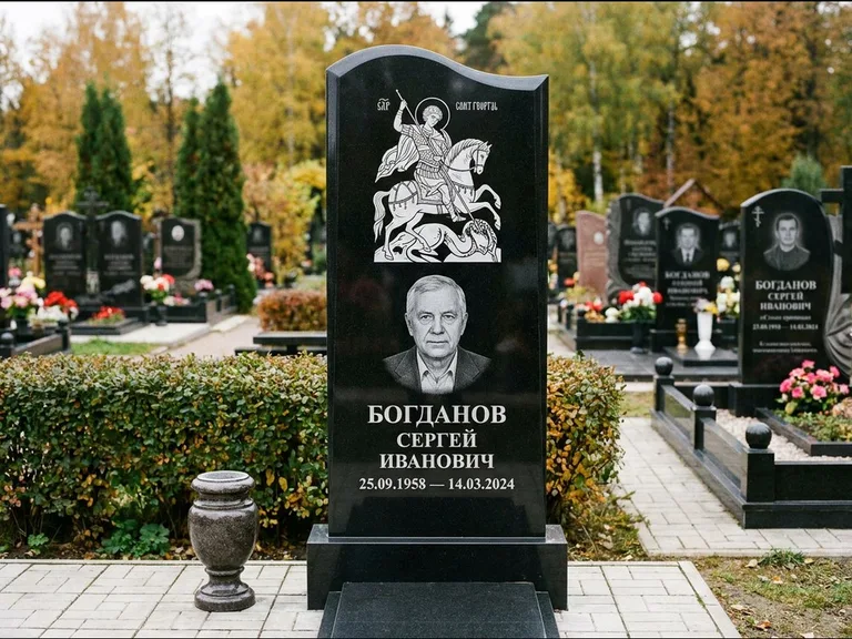 Памятник с гравировкой иконы: монументальный семейный мемориал из двух стел на общем цоколе — гравировка Николая Чудотворца, мощёная гранитная площадка без ограды, работа «Раевская» в Тольятти