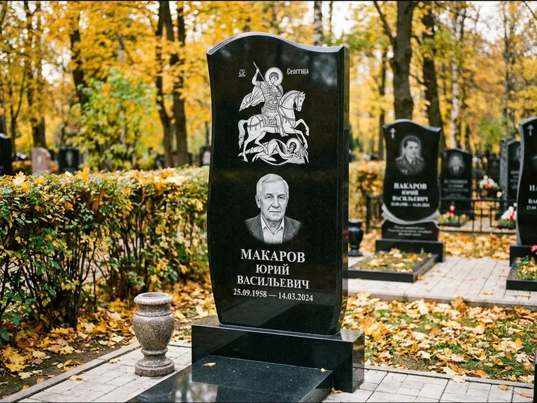 Памятник с гравировкой иконы — икона над портретом усопшего, работа «Раевская» в Тольятти