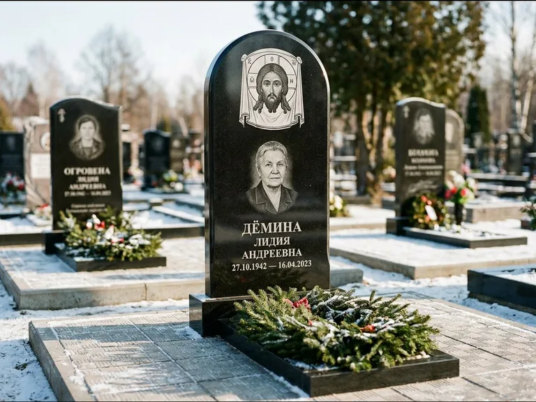 Памятник с гравировкой иконы — икона Спаса Вседержителя над именем усопшего, работа «Ковалёв» в Тольятти