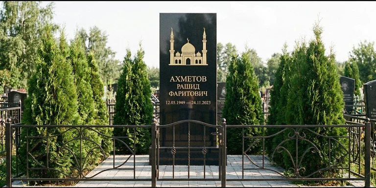 Гравировка мечети на памятник в Тольятти — стела из чёрного гранита, оформление по канонам ислама