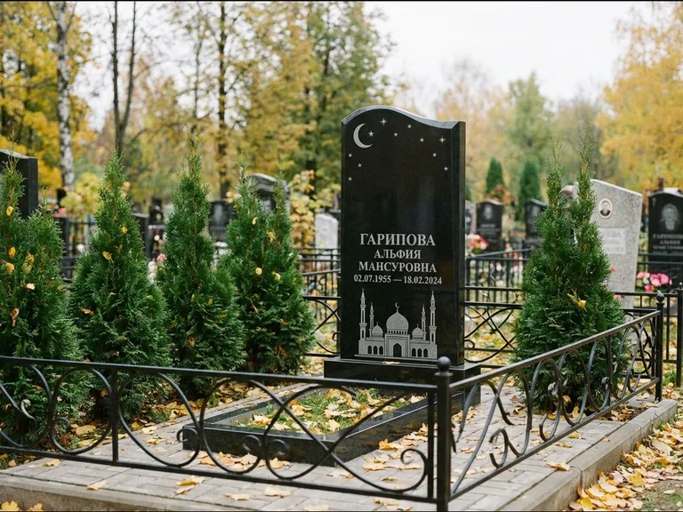 Мусульманский памятник с гравировкой мечети — мечеть с луной в ночном небе, работа «Гарипова» в Тольятти