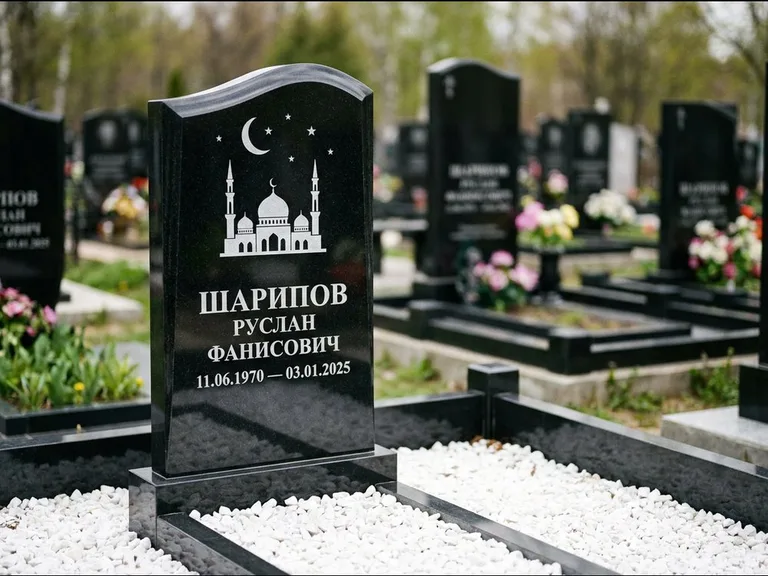 Мусульманский памятник с гравировкой мечети: стела с волнообразным скошенным верхом — гравировка мечети под полумесяцем и звёздами, белая мраморная крошка с бордюром, работа «Шарипов» в Тольятти