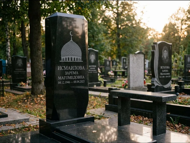 Мусульманский памятник с гравировкой мечети: гранёный восьмиугольный обелиск — гравировка купола мечети с полумесяцем, семейный участок с гранитной скамьёй, работа «Исмаилова» в Тольятти