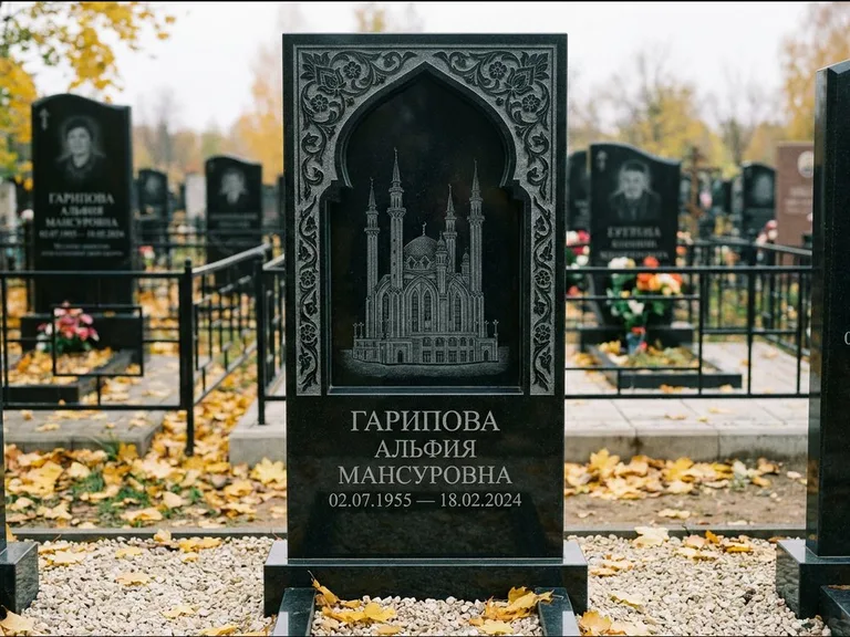 Мусульманский памятник с гравировкой мечети: фигурная стела с михраб-нишей — гравировка мечети в михраб-арке с орнаментом, светлая гравийная отсыпка, работа «Гарипова» в Тольятти