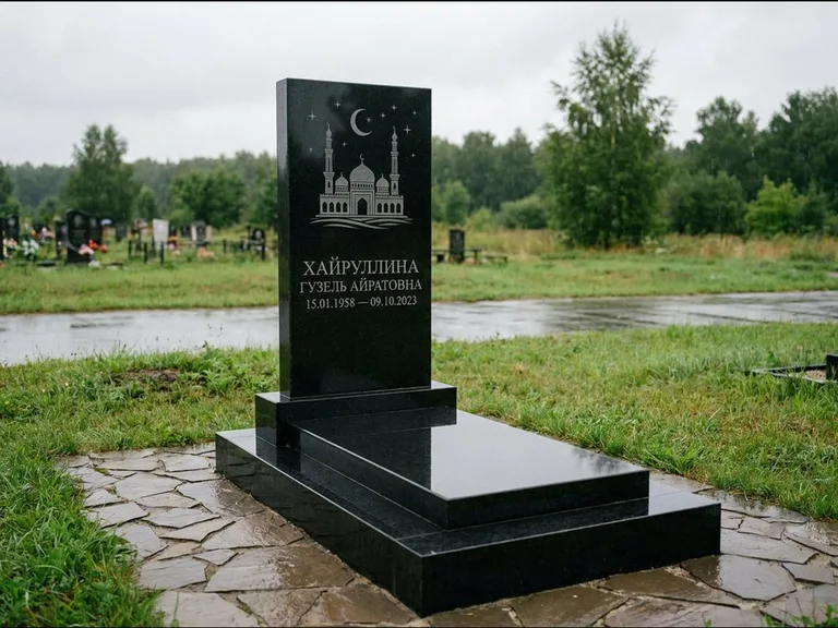 Мусульманский памятник с гравировкой мечети: ступенчатая двухуровневая стела — гравировка мечети под полумесяцем и звёздами, каменная дорожка из плитняка, работа «Хайруллина» в Тольятти