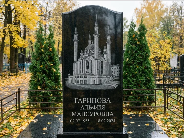 Мусульманский памятник с гравировкой мечети — мечеть Кул-Шариф на обороте стелы, работа «Гарипова» в Тольятти