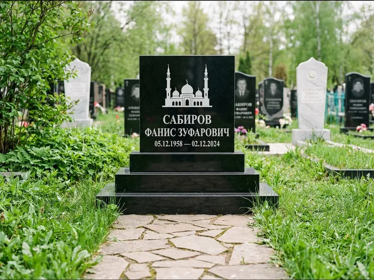 Мусульманский памятник с гравировкой мечети: ступенчатая трёхуровневая стела — золочёная гравировка мечети, дорожка из природного плитняка, работа «Юсупов» в Тольятти