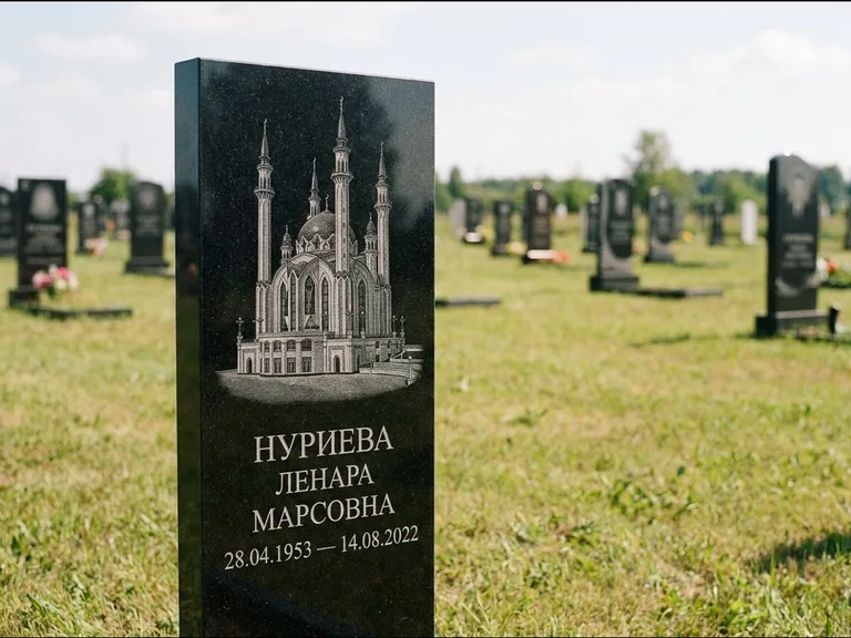 Мусульманский памятник с гравировкой мечети: узкая вертикальная стела-пилон — гравировка мечети в михраб-арке с орнаментом, открытая лужайка без ограды, работа «Хайруллина» в Тольятти