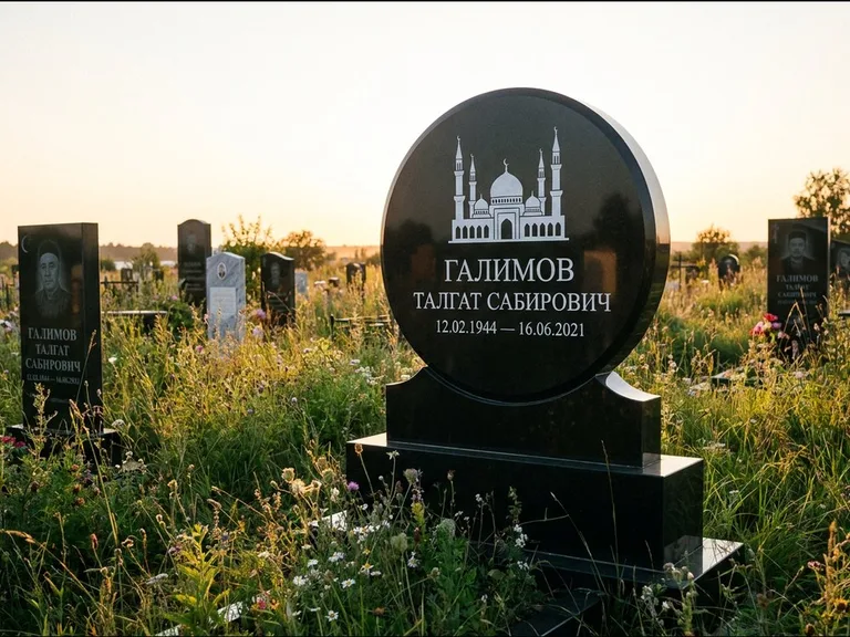 Мусульманский памятник с гравировкой мечети: округлая стела-медальон на тумбе — гравировка мечети в михраб-арке с орнаментом, луговые травы и полевые цветы, работа «Каримов» в Тольятти