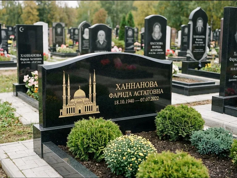 Мусульманский памятник с гравировкой мечети: вытянутая горизонтальная семейная стела с аркой — белая гравировка силуэта мечети с минаретами, участок с декоративными кустами, работа «Гарипова» в Тольятти