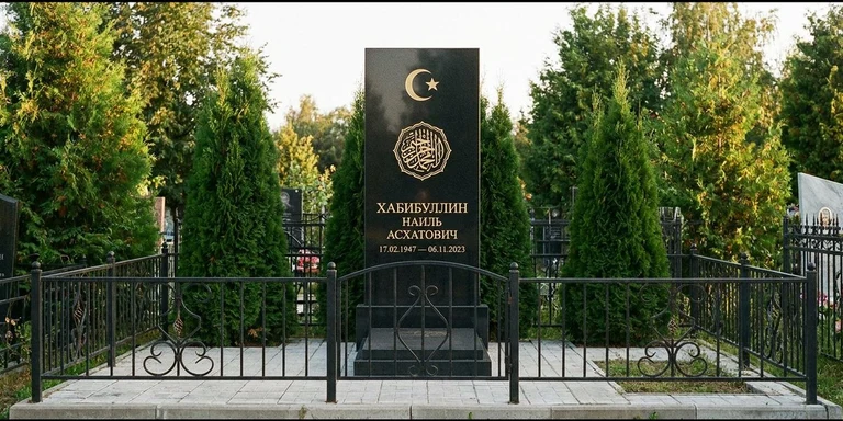 Гравировка на мусульманском памятнике в Тольятти — стела из чёрного гранита, оформление по канонам ислама