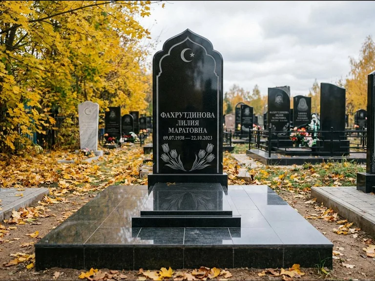 Мусульманский памятник: стела с михраб-навершием в форме арки — гравировка минарета с полумесяцем, гранитный цоколь с тёмной плиткой, работа «Фахрутдинова» в Тольятти
