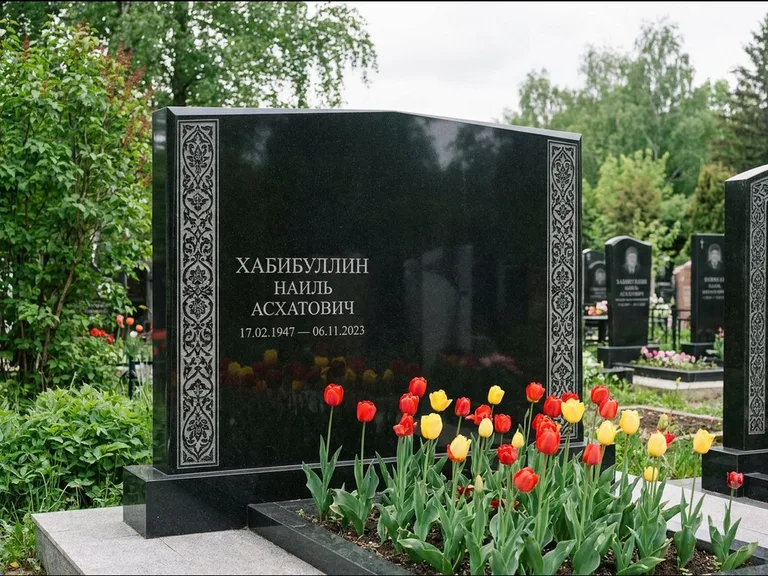 Мусульманский памятник: широкая двойная семейная стела — золочёная гравировка мечети, цветник с тюльпанами, работа «Хабибуллин» в Тольятти