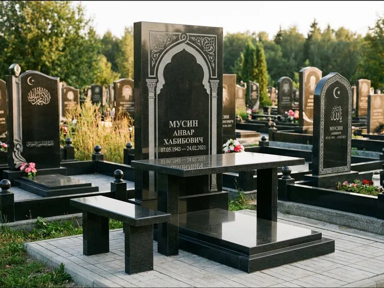Мусульманский памятник: стела с гранитным столиком и скамьёй — гравировка мечети под полумесяцем и звёздами, семейный участок с плиткой, работа «Гимаев» в Тольятти