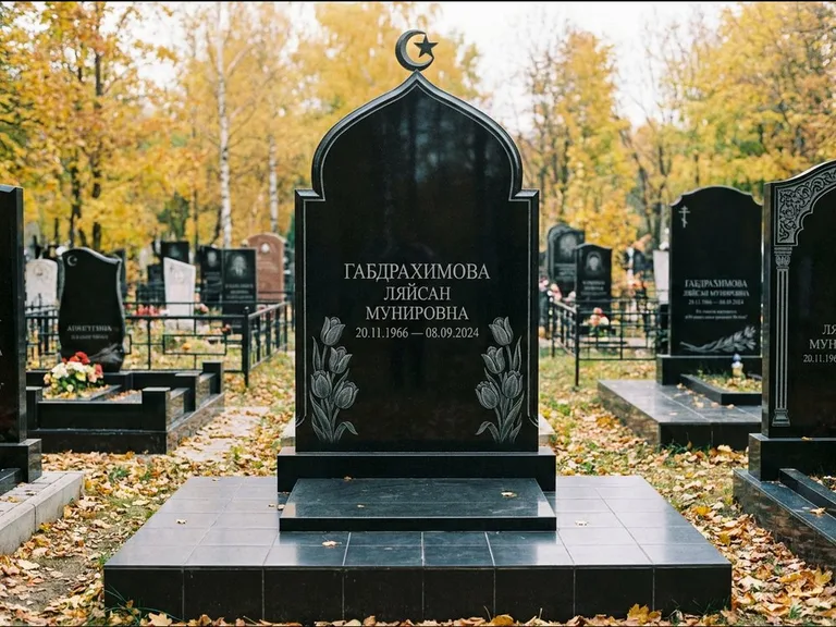 Мусульманский памятник: массивная стела с михраб-навершием — белая гравировка силуэта мечети с минаретами, цоколь тёмной плиткой, работа «Магомедова» в Тольятти