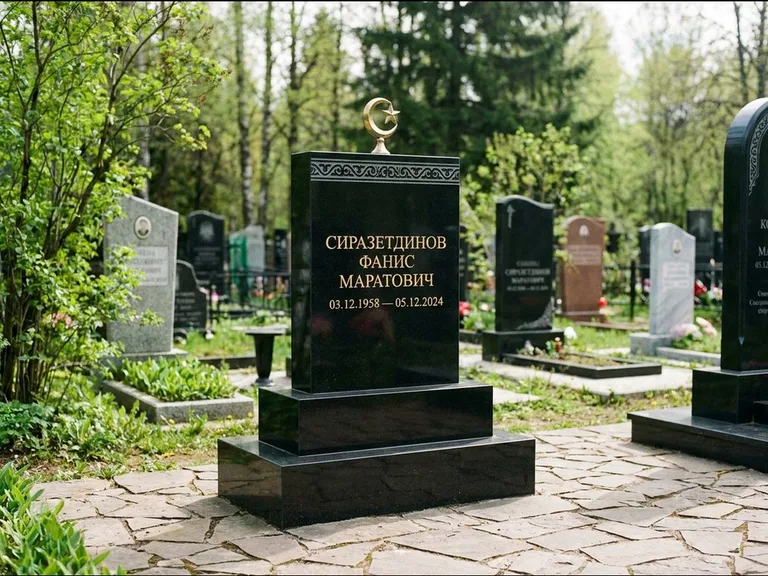 Мусульманский памятник: ступенчатая трёхуровневая стела — золочёная гравировка мечети, дорожка из природного плитняка, работа «Мустафин» в Тольятти