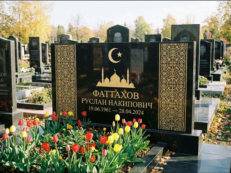 Мусульманский памятник: широкая панорамная стела с золочёным орнаментом — гравировка минарета с полумесяцем, цветник с тюльпанами, работа «Сулейманов» в Тольятти