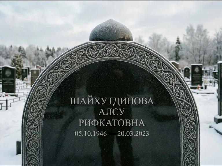 Мусульманский памятник: полукруглая стела с купольным навершием — гравировка мечети под полумесяцем и звёздами, заснеженный зимний участок, работа «Ганиева» в Тольятти