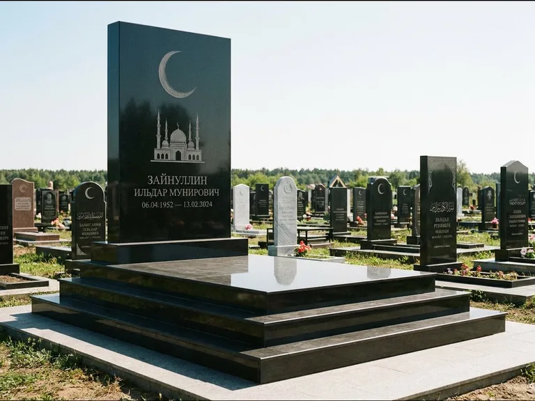 Мусульманский памятник: массивная стела на ступенчатом постаменте — гравировка мечети под полумесяцем и звёздами, гранитная площадка без ограды, работа «Хабибуллин» в Тольятти