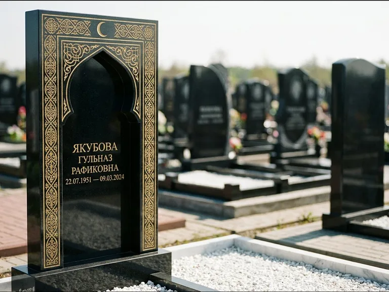 Мусульманский памятник: стела в форме михраба с глубокой нишей и золочёным орнаментом — детализированная гравировка мечети Кул-Шариф, участок с белой мраморной крошкой, работа «Мустафин» в Тольятти