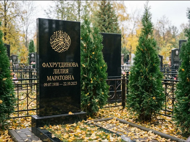 Мусульманский памятник — шахада в верхней части стелы, работа «Фахрутдинова» в Тольятти
