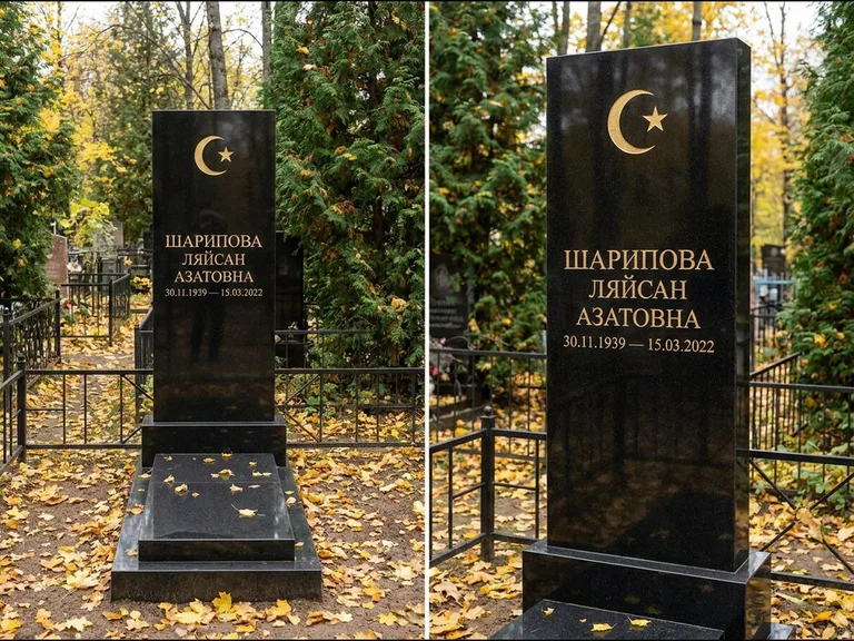 Памятник с гравировкой полумесяца — золочёная гравировка полумесяца со звездой в верхней части с, работа «Шарипова» в Тольятти