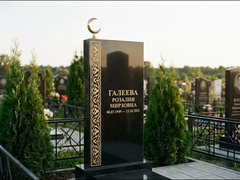 Памятник с гравировкой полумесяца — золочёный полумесяц и колонна растительного орнамента-ислими, работа «Галеева» в Тольятти