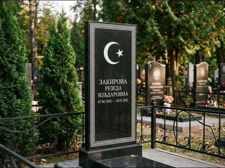 Памятник с гравировкой полумесяца — строгая белая гравировка полумесяца со звездой и орнаменталь, работа «Закирова» в Тольятти