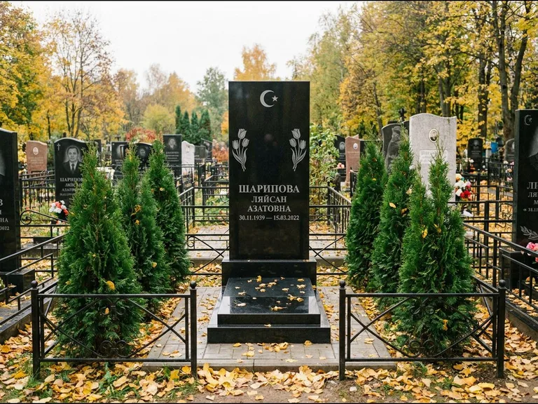 Памятник с гравировкой полумесяца — гравировка полумесяца со звездой и тюльпанами по бокам, работа «Шарипова» в Тольятти