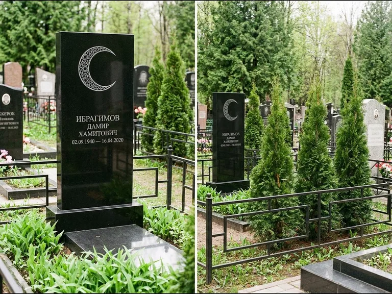 Памятник с гравировкой полумесяца — гравировка полумесяца в геометрическом орнаменте-гирихе, работа «Ибрагимов» в Тольятти