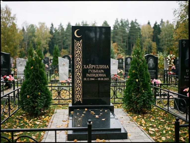 Памятник с гравировкой полумесяца — золочёный полумесяц и колонна растительного орнамента-ислими, работа «Хайруллина» в Тольятти