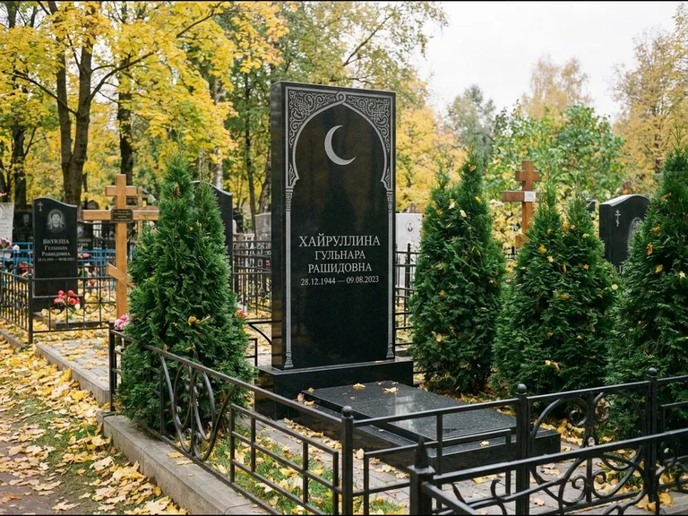 Памятник с гравировкой полумесяца — гравировка полумесяца в восточной арке с орнаментом, работа «Хайруллина» в Тольятти