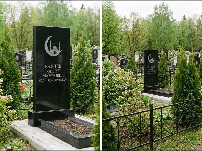 Памятник с гравировкой полумесяца — гравировка полумесяца над силуэтом мечети, работа «Валиев» в Тольятти