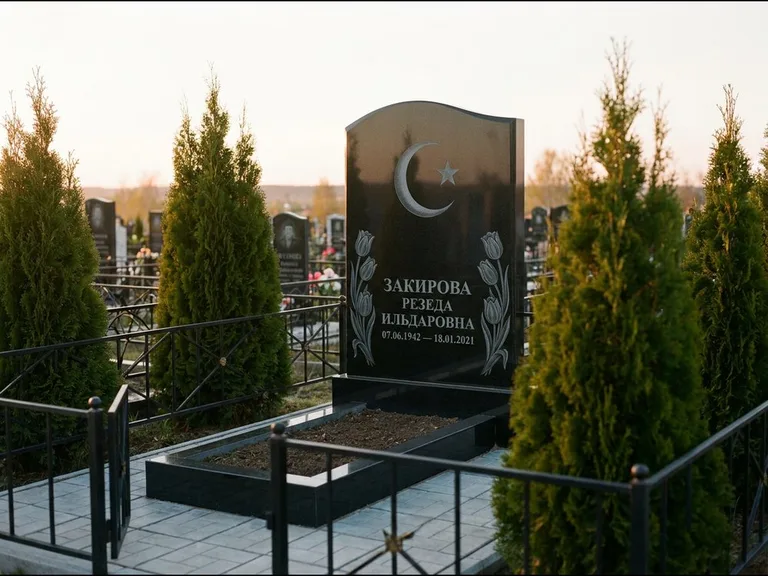 Памятник с гравировкой полумесяца — гравировка полумесяца со звездой и тюльпанами по бокам, работа «Закирова» в Тольятти