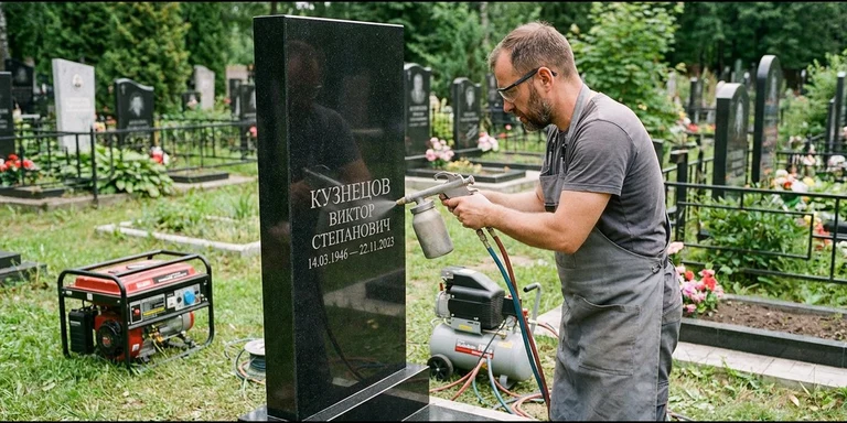 Гравировка на памятнике с выездом на кладбище в Тольятти — мастер гравирует установленный памятник